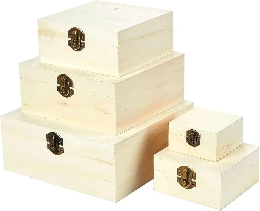 Juvale Set of 5 Unfinished Wooden for Crafts - Wood Nesting Boxes with Hinged Lids for Crafts & Small Storage Item (5 Sizes) - Wooden Box