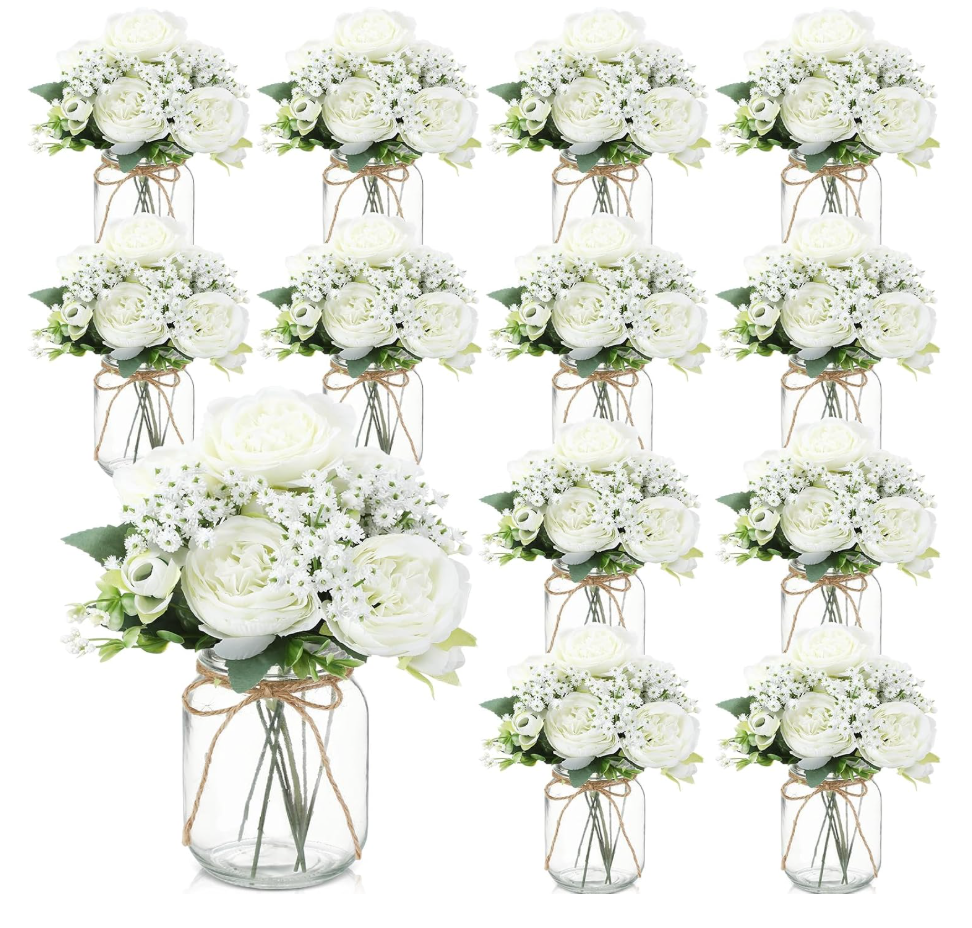 12 Sets Mason Jar Flowers Centerpiece Table Decorations,White