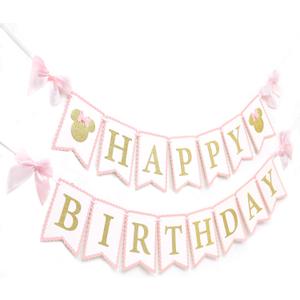 Mouse Happy Birthday Banner - Mouse Birthday Decorations, Pink And Gold Banner, Bow Girl 1st Pink Decor 