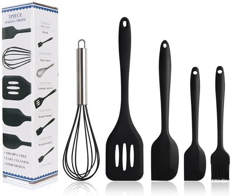 5Pcs Silicone Rubber Spatulas Whisks Set Food Grade Heat Resistant BPA-Free Rubber Spatula Set for Cooking Baking and Mixing Dishwasher Safe (Black)