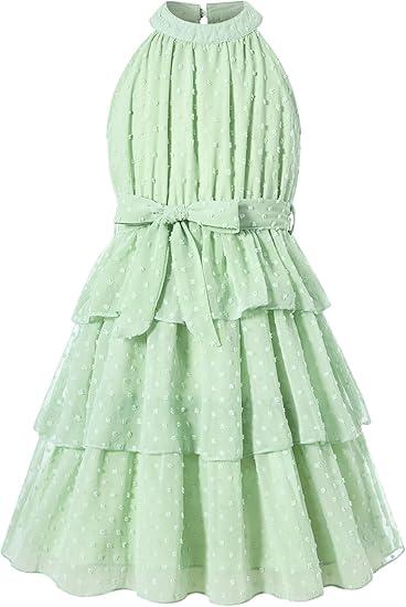 Move Dance Girls Summer Dress Tween Halter Neck Green Flared Midi A-Line Sundress Swiss Dot Sleeveless Casual Layered Chiffon Dresses with Belt 12-13 Years Old