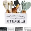 LIBODOUR Utensil Holder, Utensil Holder For Kitchen Counter,Large Cooking Spatula Organizer,Farmhouse Wooden Big Storage With 3 Compartments Rustic Flatware Spoon Tool Organizer (White) (Medium)