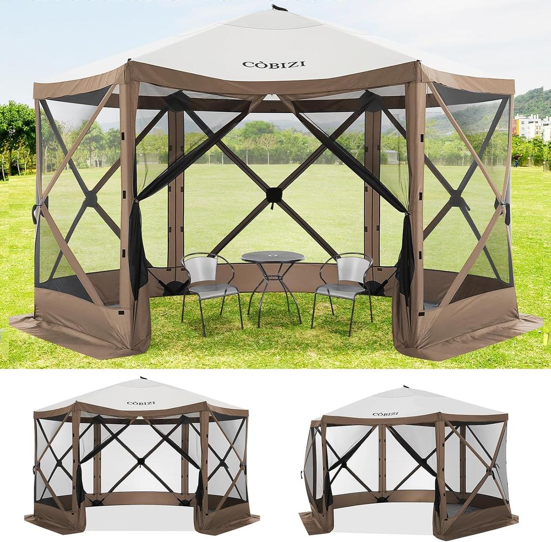 COBIZI 12x12 FT Pop Up Canopy Shelter Tent, Large Gazebos On Clearance, Screened in Gazebo, Screen Tents Portable carpas para Patio for Outdoor Camping, Backyard, Garden, Beach, Brown