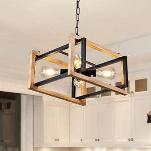 HuisMier Farmhouse Chandelier for Dining Room, 4-Light Rustic Black and Wood Dining Room Light Fixture, Industrial Wood Chandelier for Kitchen Island Entryway Foyer Bedroom Living Room (Oak White)