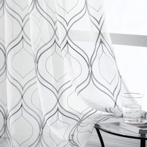 VISIONTEX White Sheer Curtains 84 Inches Long 2 Panels, Light Filtering Grey Moroccan Trellis Embroidered Semi Sheer Voile Drapes, Rod Pocket Textured Window Curtain for Bedroom Living Room 54W x 84L