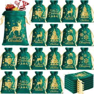 50 Pcs Christmas Velvet Drawstring Bags Bulk Santa Gift Bags for Candy Wrapping Goodie with Ribbon Drawstring for Xmas Holiday Party Supplies, 6 Styles(4 x 6 Inch,Green)