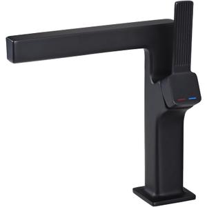 Matte Black Waterfall Bathroom Faucets 1 Hole, Lavatory Faucet, Solid Brass Single Handle Basin Mixer with 2 Supply Lines for Restroom Guestroom RV Sink Vanity