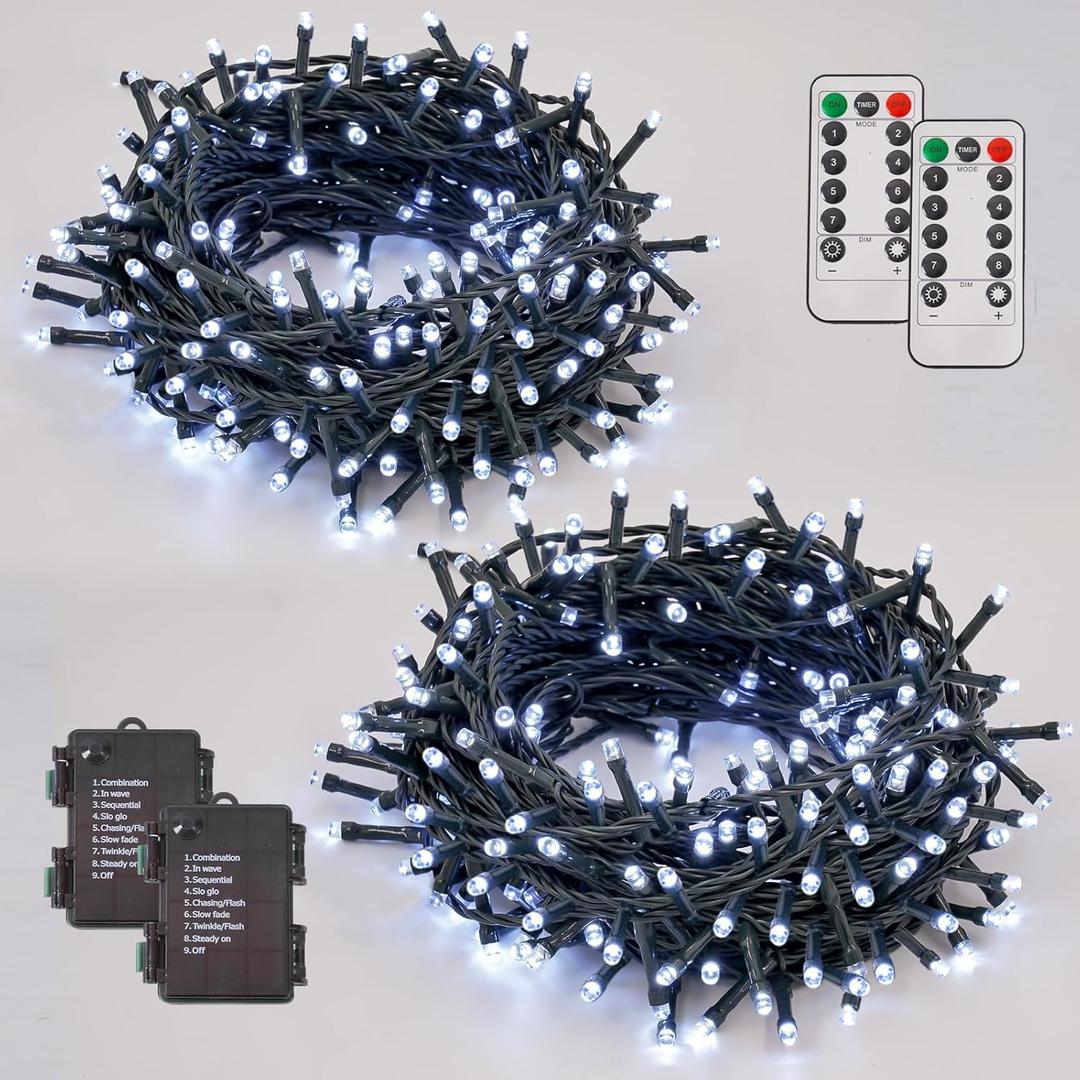 YEGUO Christmas Lights Battery Operated, 2 Pack Each 33ft 100 LED White String Lights Outdoor Waterproof, 8 Modes Green Wire Fairy Light Indoor with Remote