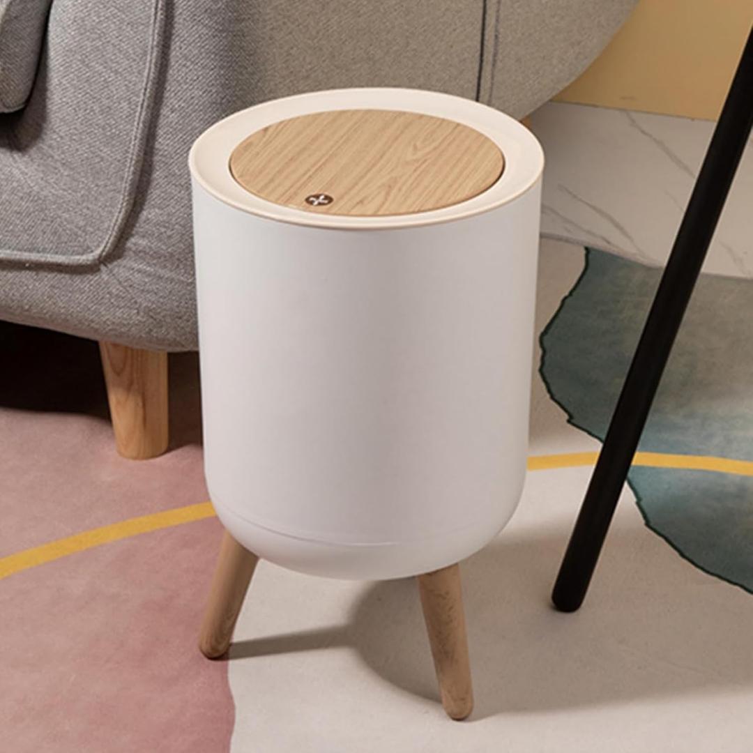 URALFA 7 L / 1.8 Gallon Round Trash Can with Lid, Small Bathroom Garbage Can with Pop-Up Lid, Dog Proof Trash Can, Waste Basket for Bedroom, Kitchen, Living Room, Office (White)
