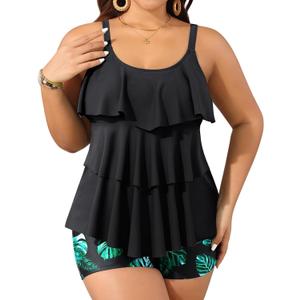 Yonique Women's Plus Size Tankini Swimsuits with Shorts Two Piece Bathing Suits Ruffle Swimsuits Tummy Control Swimwear (Black, L)