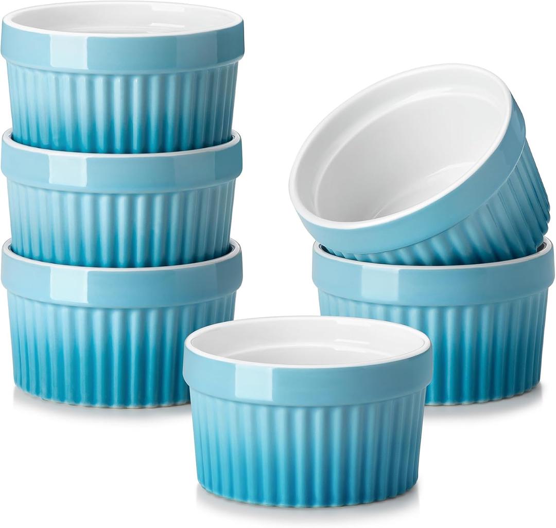 MALACASA Ramekins 6 oz Oven Safe, Small Ceramic Souffle Dishes for Creme Brulee Souffle, Stoneware Custard Cups Ramiken for Baking, Dessert Bowls Dipping Sauce Dish Set of 6, Blue, Series RAMEKIN-DISH