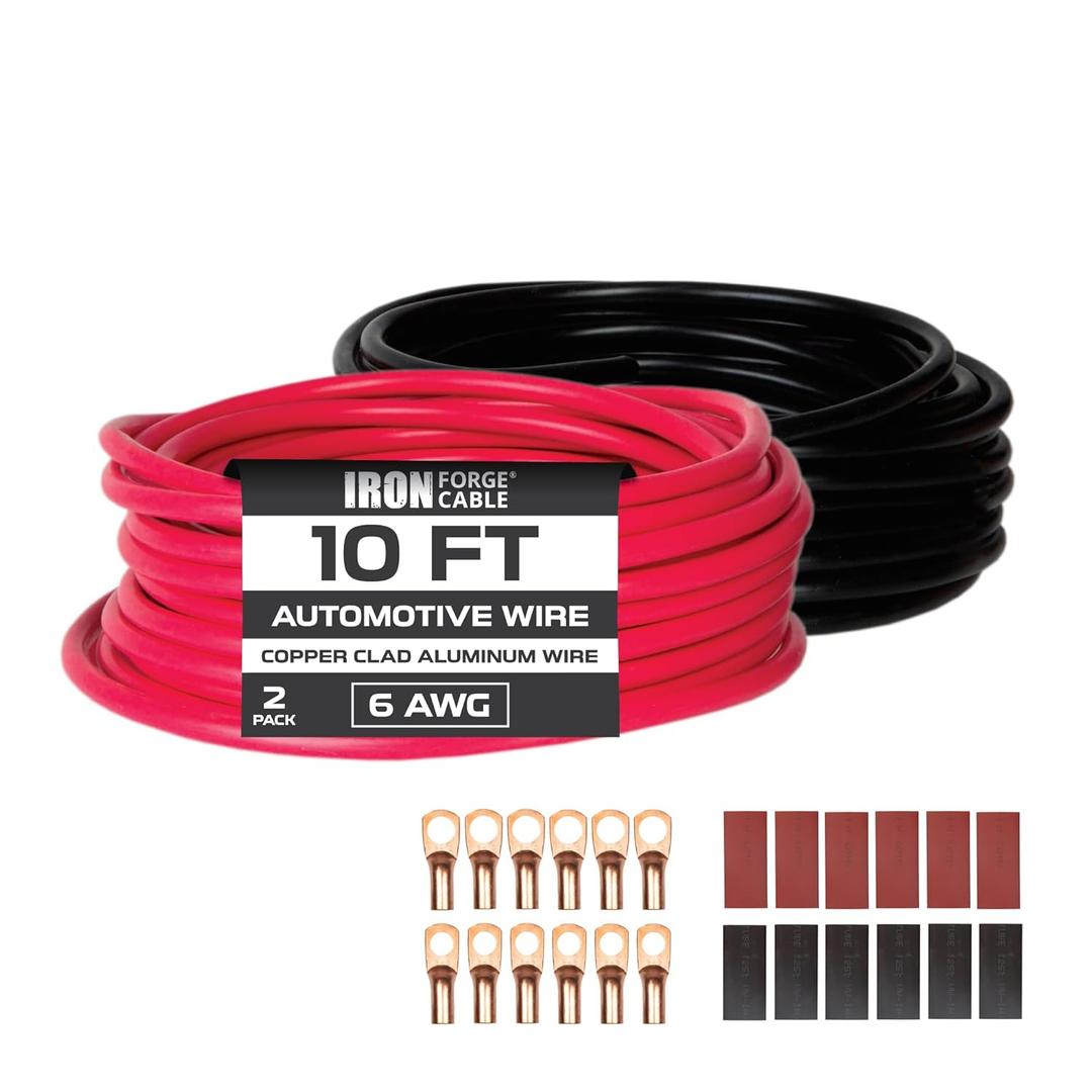 Iron Forge Cable 20 ft 6 Gauge Wire - 2 Pack 10ft Copper Clad Aluminum Primary Cable 6 AWG Heavy Duty with Wire Lug Terminal Connectors and Heat Shrink Tube