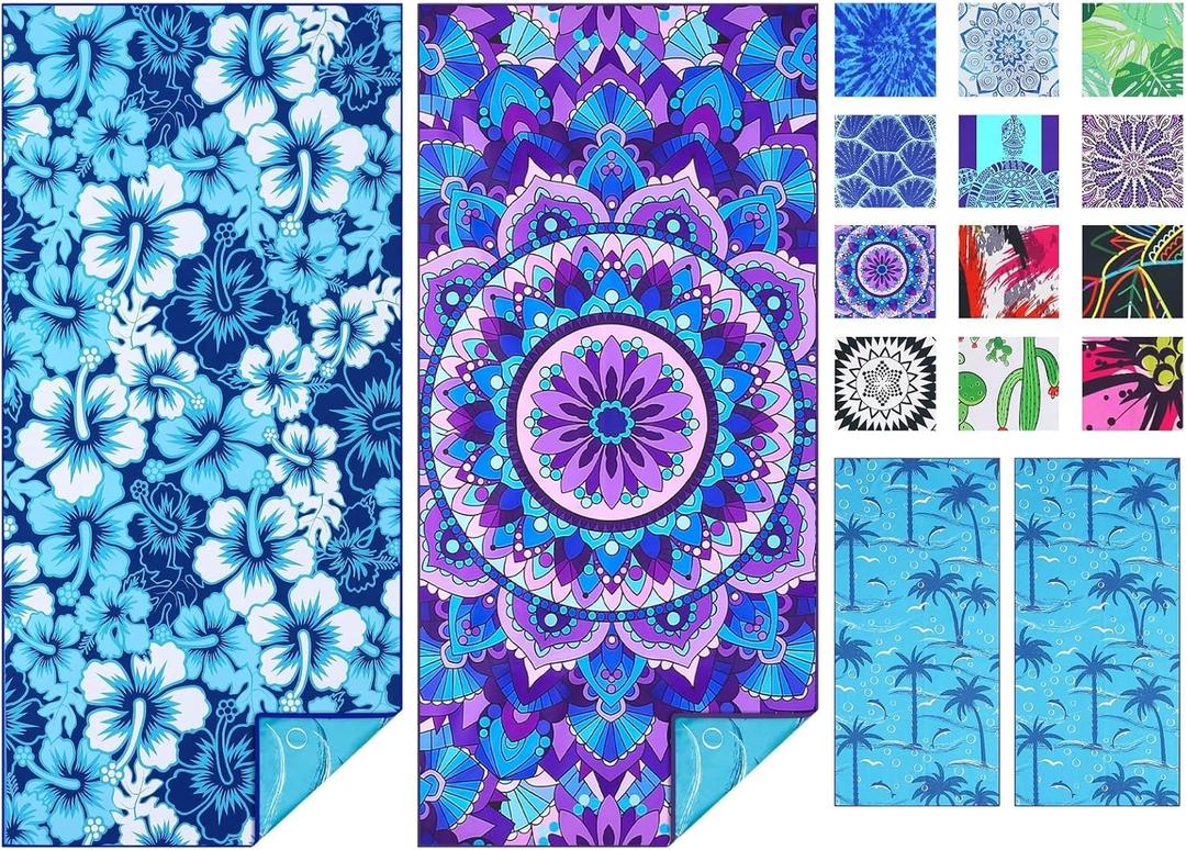 2 Pack Microfiber Thin Beach Towel Lightweight 71x32 Oversized Extra Large Sand Free Towels Quick Dry for Travel Pool Yoga Gym Sports Beach Accessories Vacation Essential Gift (2 Pcs Mandala Porcelain)
