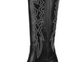 IDIFU IN3 Cowboy Boots for Women Cowgirl Knee High Western Embroidered Booties Side Zipper Low Block Chunky Heel Pull on Pointed Toe Tall Booties Comfy Dress Long Boots