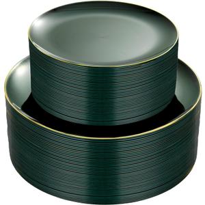 PULOTE 100PCS Green Plastic Plates - Green Disposable Plates With Gold Rim - Include 50 Pieces Dinner 10.25inch,50 Pieces Dessert 7.5inch for Party&Christmas
