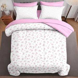 7Pcs Queen Size Comforter Set, Fantasy Blossoms Pink Small Daisy Flowers, Bedding Decor Cute Charming Elegant Rose Floral Blooming Bedroom Bed Set Fitted Flat Sheet Pillowcases Kids Adults
