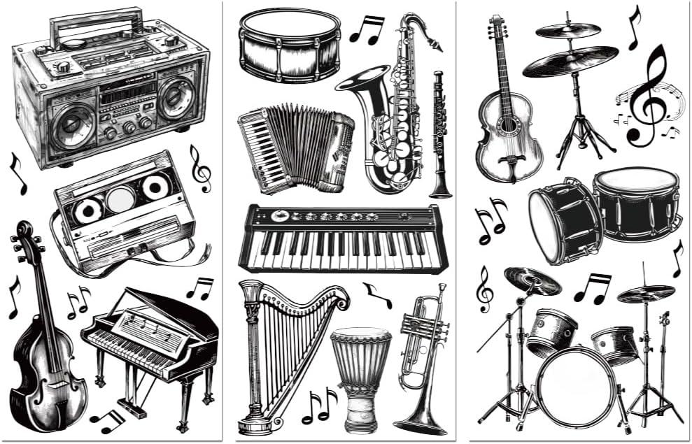 Peacoblue Rub on Transfer Decal for Furniture Craft Decor 6"x12", 3Pcs Black and White Musical Instruments Waterproof UV DTF Transfer Sticker for Dresser Lingerie Chests Drawer Porcelain Wood Plastic