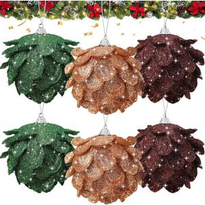 Threan 6 Pcs Christmas Ornaments Balls Glitter Pinecones Ornaments 3.15" Christmas Tree Decoration Hanging Flower Balls for Xmas Tree Wreath Holiday Crafts Home Decor (Bronze,Brown,Green)