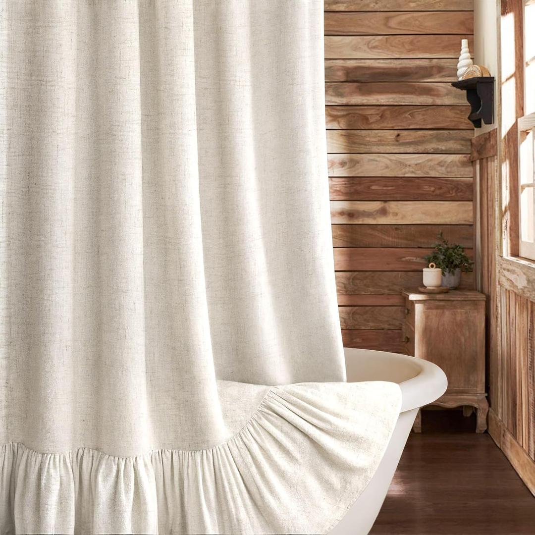 Farmhouse Shower Curtain with Ruffle Hem Linen Flax Ivory White Shower Curtains for Bathroom Country Vintage Rustic Natural Fabric, 72" W x 72" L