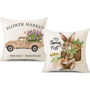 Spring Easter Pillow Covers 18x18 Set of 2 Rabbit Bunny Carrot Truck Spring Flowers Decorative Throw Pillow Covers for Home Office Sofa Bed Couch