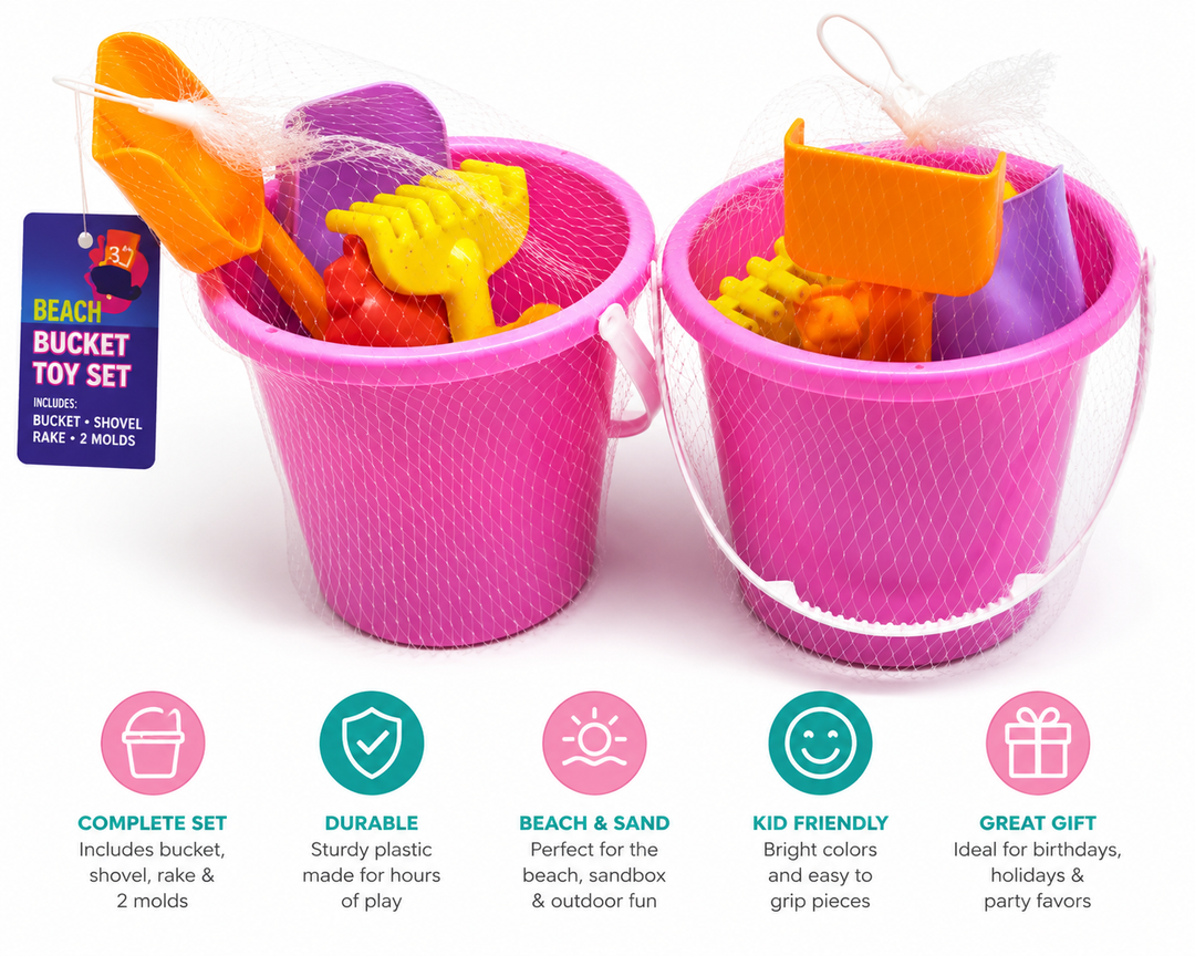 Beach Bucket Toy Set 9 Piece 1 Bucket 2 Shovels 1 Rake 5 Sand Molds 2 Pack