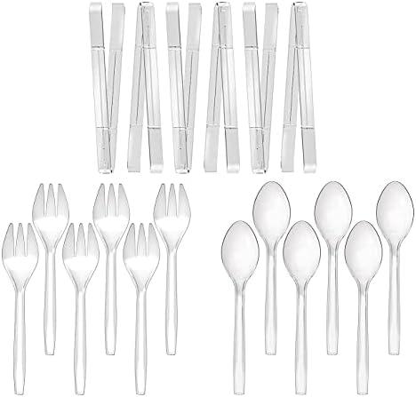 Plastic Serving Utensils, 9" Clear Disposable Utensils 18 Pack, 6 Serving Tongs, Spoons, Forks