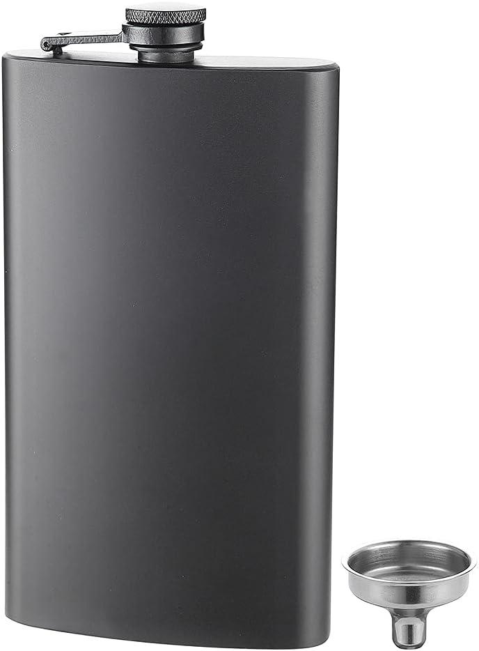 FYL 12 Oz 18/8 Stainless Steel Hip Flask for Liquor with Never-Lose Cap, Leakproof Easy Pour Funnel is Included, Matte Black