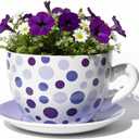 7.5 Round Ceramic Teacup Planter with Saucer Purple Polka Dot Design Pot for Succulents, Orchid, Herbs & Indoor Houseplant/Flowers for Mother's Day
