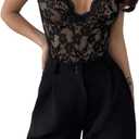 SweatyRocks Women's Sexy Floral Lace Trim Corset Bodysuit Backless Deep V Neck Bustier Tops Sheer Date Night Romper (Black, L)