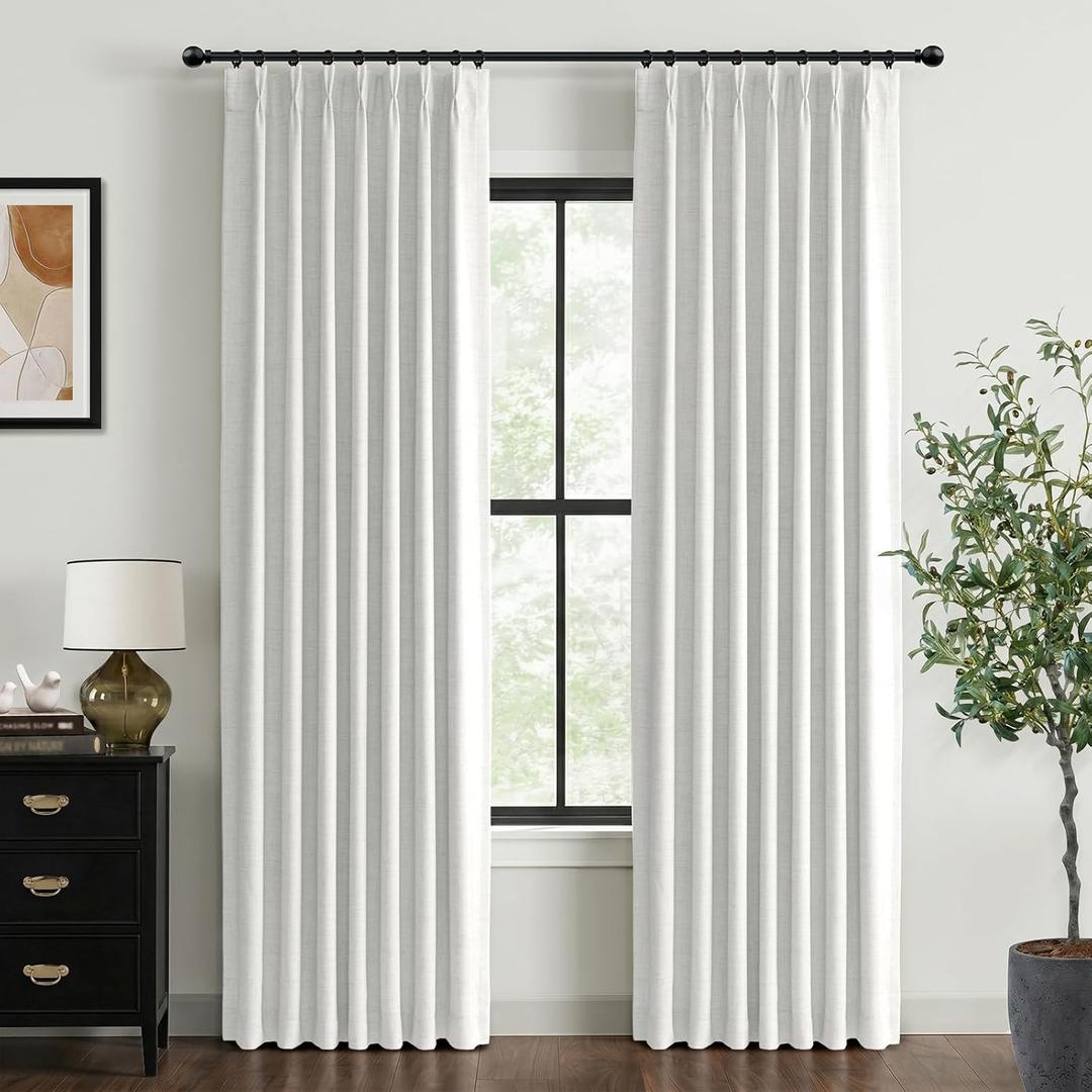 100% Blackout Shield Linen Look Textured Pinch Pleated Curtains Blackout Drapes 96 Inch Long 2 Panels Set, Faux Linen Blackout Curtains for Bedroom & Living Room, 40" W x 96" L, Bright White