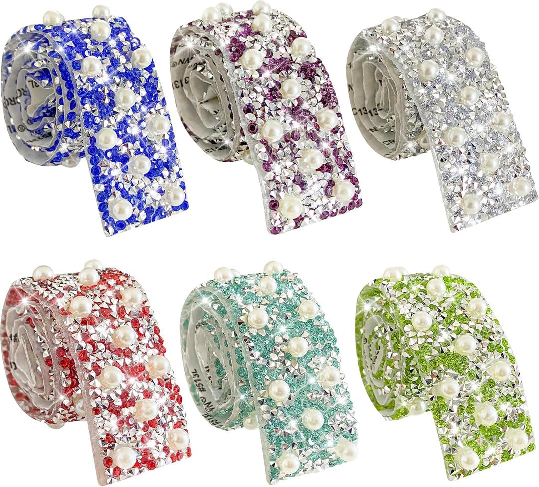 Jongdari Glitter Self Adhesive Rhinestone Pearl Ribbon Trim Tape, Crystal Decorative Bedazzling Strips Stickers for DIY Crafts, 6 Colors 30mm Wide Total 2.6 Yards