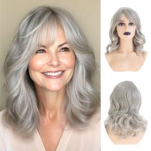 Sallcks Short Grey Bob Wig for White Women Shoudler Length Natural Wavy Bob Wig Heat Resistant Synthetic Hair Wig for Daily Party