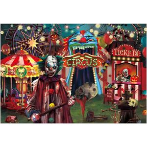Funnytree 7x5ft Halloween Evil Circus Theme Backdrop for Photography Clown Creepy Carnival Haunted House Horror Scary Birthday Party Decorations Banner Home Decor Photo Booth Props Background