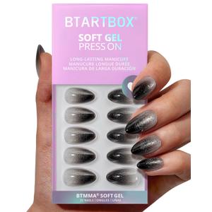 BTArtbox Press On Nails Short  Grave Shine, Sparkle Black Almond Press On Nails with Nail Glue, Soft Gel Glue On Nails in 16 Sizes  32 Stick On Nails Kit