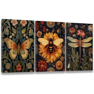 3 PCS William Morris Canvas Wall Art for Home Decor Bee Dragonfly Butterfly Painting Poster William Morris Botanical Insects Pictures Prints Wall Decor for Living Room Bedroom Home Decorations 1216 in(Stretched Canvas on A Wooden Frame)