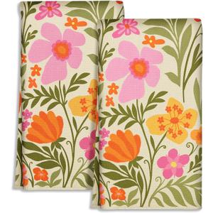 2 x Miss Adola Cute Kitchen Towels Set of 2 - Dish Towels 18 x 26 Inch Microfiber Tea Towel for Home Decorative Flower Plant Spring Soft Reusable & Absorbent Aesthetic Vintage Design