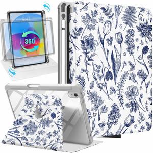 for iPad A16 Case - for iPad 10th Generation Case 10.9 Inch Women Girls Kids Cute Girly Kawaii Pretty Flower Blue Unique Fashion Rotating Stand Folio Tablet Cover for Apple 10/11 2025