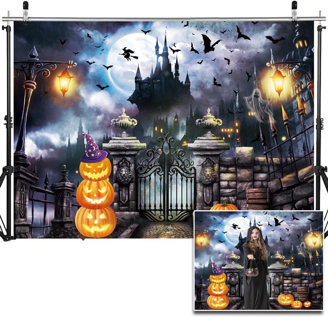 8X6FT Halloween Backdrops for Photography Halloween Backdrop Castle Bat Pumpkin Photography Backdrop for Party Decorations Supplies Photo Background Banner DH-704