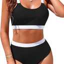 Womens High Waisted Bikini Sets Sporty Crop Top Color Block Swimwear Bandeau Scoop Neck Vintage Two Piece Bathing Suits (Large, Black)