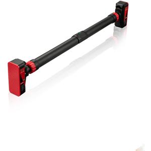 Adjustable Pull Up Bar for Doorway - 440LBS Weight Capacity, No Screws Installation with Level Meter and Auto Lock, Chin Up Bar for Home Gym Strength Training,Red