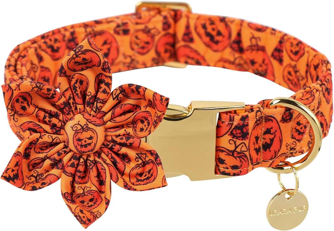 XL Halloween Puppy Collar with Cotton Flowers, Durable Metal Buckle, 16-26in