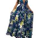 Remelon Womens Sexy Spaghetti Strap Deep V Neck Floral Boho Criss Cross Backless Chiffon Beach Party Long Maxi Dress, 2XL