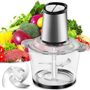 Electric Food Processor, 450W Meat Grinder Vegetable Chopper with 8cup/2L Glass Bowl, Electric Meat Chopper Veggie Cutter with 2 Speeds4 Blades, Kitchen Blender Mixer for Baby Food Puree,Garlic,Onion (Stainless Steel)