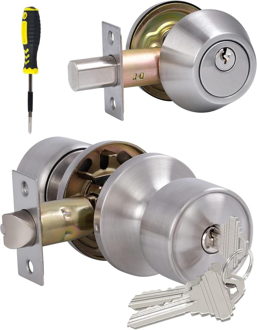 Lanwandeng Keyed Alike Entry Door Knobs and Single Cylinder Deadbolt Lock Combo Set Security for Entrance and Front Door, All Keyed Same Door Lock with Classic Satin Nickel Finish