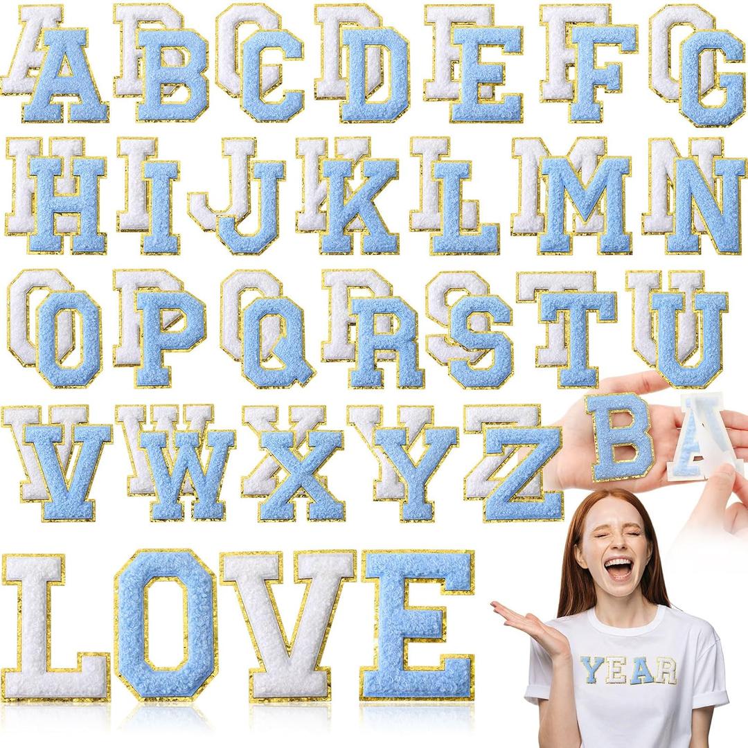 WILLBOND 52 Pcs Chenille Letter Patches A-Z, Self-Adhesive Alphabet Stickers, Embroidered Applique for Clothes, Bags, Hats, Backpacks, DIY, Name Craft, Wedding Gifts(Light Blue, White,2.2 Inch)