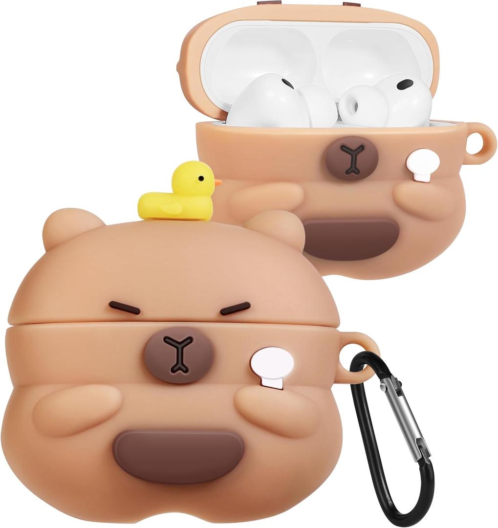 Joyleop for Airpods Pro 3 Case - Cute Funny for Women Girl Kids Girly 3D Kawaii Capybara Bear Cartoon Design Soft Silicone Protective Case for Airpods Pro 3rd Gerneration 2025 Cover with Keychain