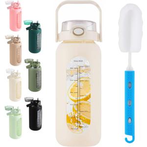 Glass Water Bottle with Straw and Handle Lid Half Gallon Motivational Glass Bottle with Silicone Sleeve and Time Marker Large Reusable Sports Water Jug for Gym Home Workout