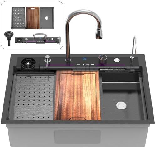 33inch Waterfall Kitchen Sink Metal Black -Feibus 33x22x10 Drop In Sink with Multifunctional Faucet Combo Workstation 16 Gauge Multifunctional Stainless Steel Single Bowl
