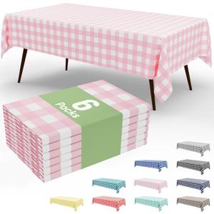 Smiry 6 Pack Pink Gingham Disposable Tablecloths - 54" x 108" Heavy Duty Plastic Table Cloth, Waterproof Buffalo Plaid Table Covers for Picnic, Banquets, Outdoor Parties (Pink and White)