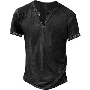 Beotyshow Mens Distressed Henley Shirts Short Sleeve Button T-Shirt Slim Fit Cotton Casual Shirt (Medium, 1-black)